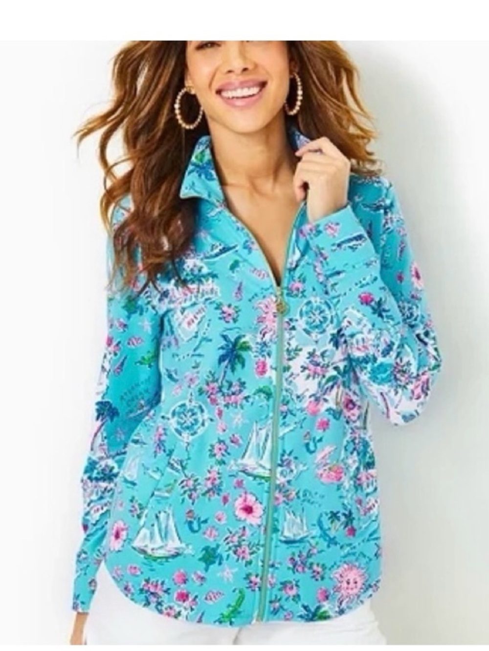 EUC LILLY PULITZER Leona UPF 50+ ZIP-UP JACKET Size LARGE, Amalfi Blue, FLORIDA!